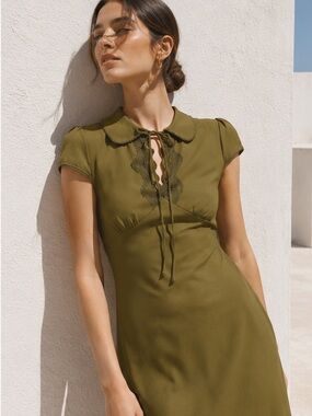 Olive Green Mini Dress with Tie Front and Peter Pan Collar